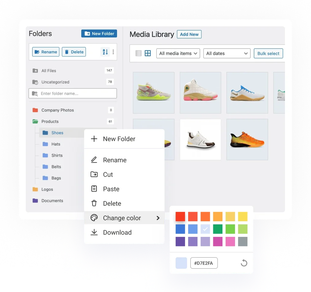 پیش نمایش امکان تغییر یا تعیین رنگ برای پوشه بندی انجام شده در Filebird pro
