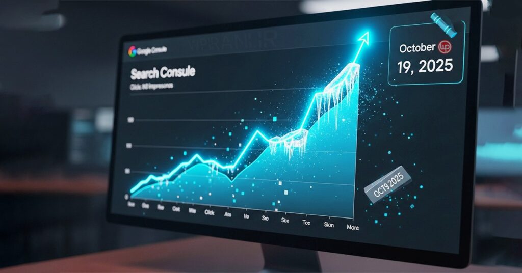 تصویر گرافیکی از گزارش Performance در گوگل سرچ کنسول که نمودار آن در تاریخ ۱۹ اکتبر ۲۰۲۵ به صورت یک خط صاف و یخ‌زده متوقف شده و نشان‌دهنده مشکل فنی و گلیچ دیجیتالی است