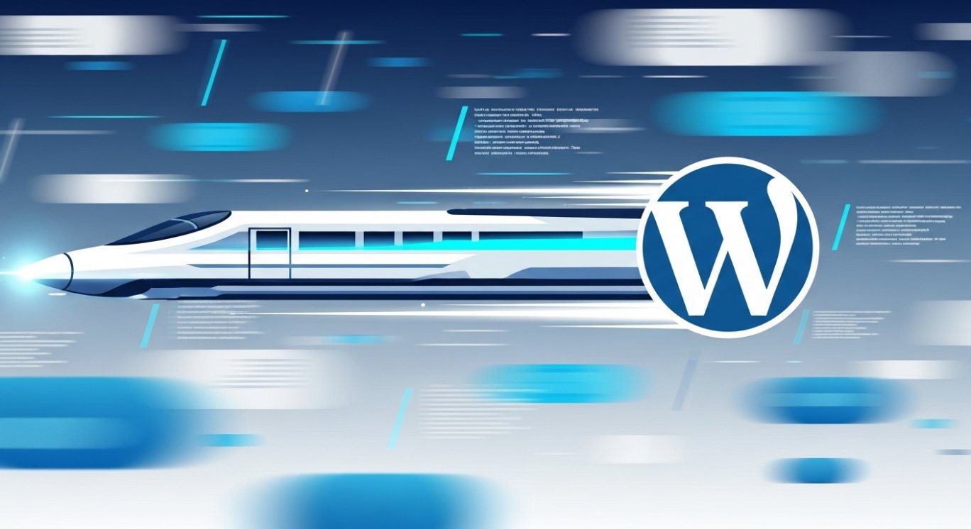 تصویر گرافیکی پویا از لوگوی وردپرس که به یک وسیله نقلیه آیندهنگرانه و پرسرعت تبدیل شده و رد نورmethod به جا میگذارد. در پسزمینه، قطعات کد و المانهای بلوکی با سرعت در حرکتند که نماد بهبودهای چشمگیر عملکرد و سرعت در وردپرس 6.9 است.